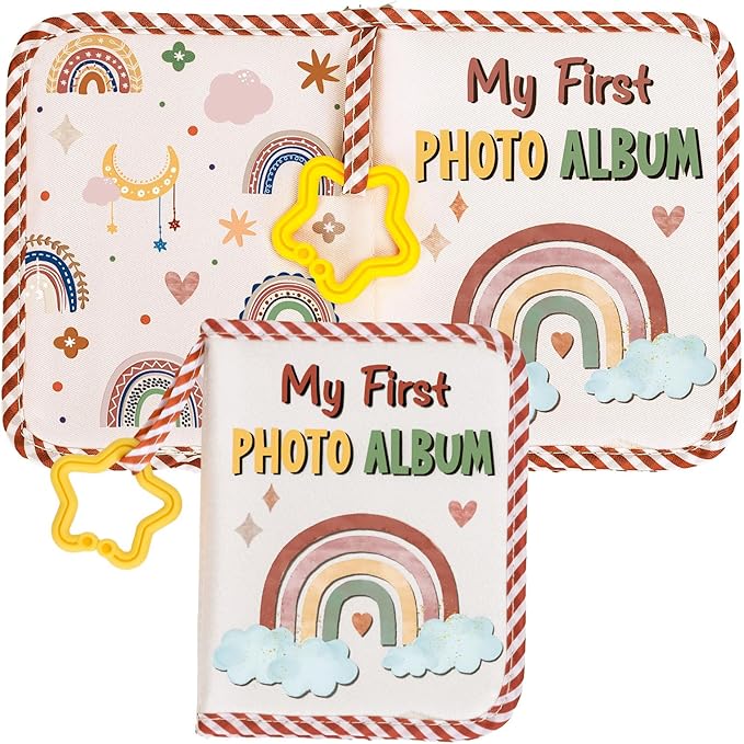 Baby's My First Family Album Soft Photo Cloth Book Boho Rainbow Photo Album Gift Holds 4x6" Pictures Soft Photo Cloth Book With Safety Mirror For Newborn Baby Shower Toddler Kid