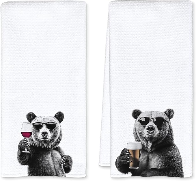 Funny Bear Kitchen Towels Set of 2, Funny Kitchen Decor, Wine Station Wine Bar Decor, Black and White Bear Owner Gift Hand Towel, Dining Room Decorative Tea Towel Dish Towels 16x24 Inch