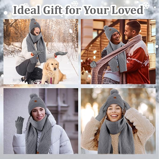 YARIEW Winter Hat Scarf and Gloves Set for Women, Warm Knitted Beanie with Pom Pom, Soft Ear Warmer Scarf, Warm Gloves