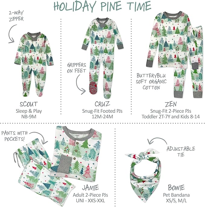 JAMIE Matching Family Jammies Holiday Pajamas 100% Organic Cotton PJs Adults, Kids, Toddlers, Baby, Pets