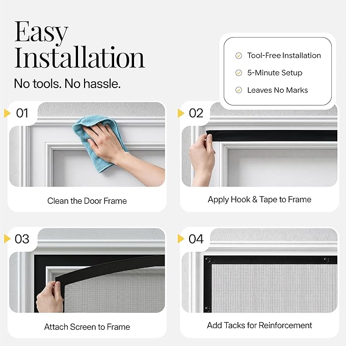 AUGO Magnetic Fiberglass Screen Door - Self Sealing, Heavy Duty, Hands Free Mesh Partition Keeps Bugs Out - Door Screen Magnetic Closure - Patent Pending Keep Open Feature - 34 Inch x 81 Inch