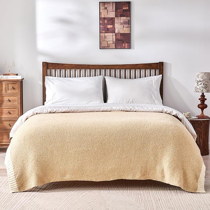 CozeCube Super Soft Fullfy Microfiber Reversible Knitted Blankets, Warm Cozy Fuzzy Plush Throw, Beige and White Melange Throw Blanket for Couch Bed Sofa, 60" x 80"
