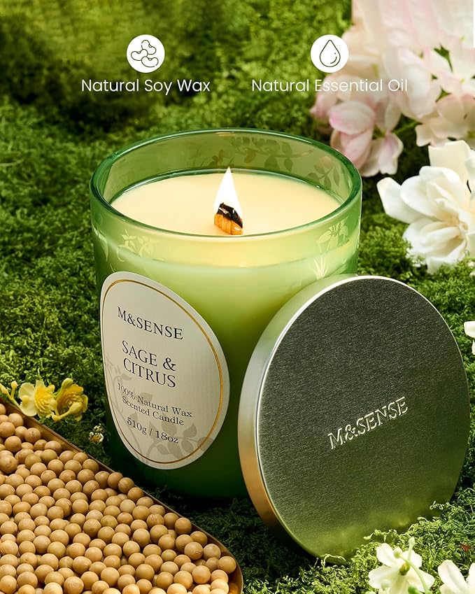 M&SENSE Sage Citrus Scented Candle, Cracking Wooden Wick Soy Wax, 18oz 100 Hours Long Lasting Clean Burn, Large Jar Candles for Home Decor, Non-Toxic Relaxing Fall Winter Aromatherapy Gifts for Women