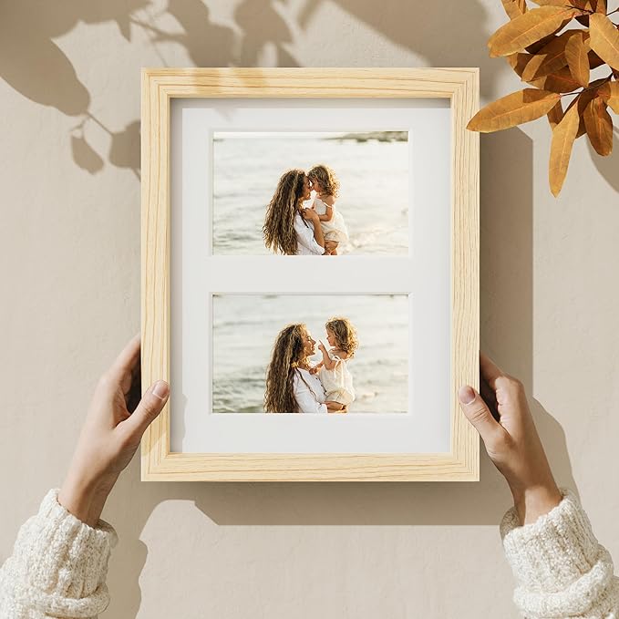 Vittanly 8x10 Collage Picture Frame, Displays 2Pcs 4x6 Pictures with Mat or 1Pcs 8x10 without Mat, Photo Frame for Wall Mounting or Table Top with Stand, Nature Wood, 1 Pack