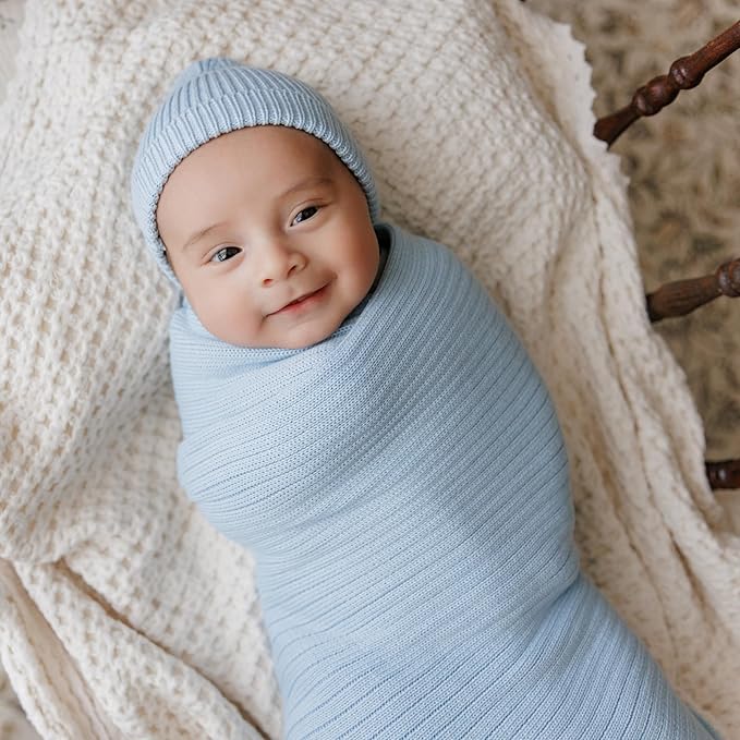 Organic Ribbed Swaddle Blanket for Boys & Girls - 100% Luxury Organic Soft Cotton Knit Warm Cozy Cuddle Stroller Blanket for Newborns, Infants, & Toddlers (Sky Blue)