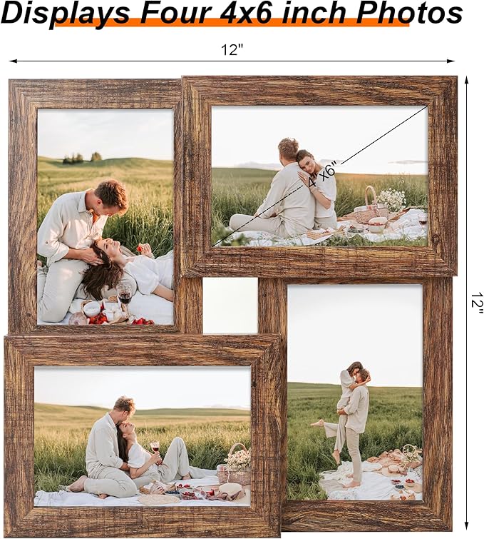 4x6 Collage Picture Frames, Multi Family Photo Frame with Real Glass, Displays Four 4x6 Photo, Wall Decor Wall Hanging or Tabletop, Rustic Brown
