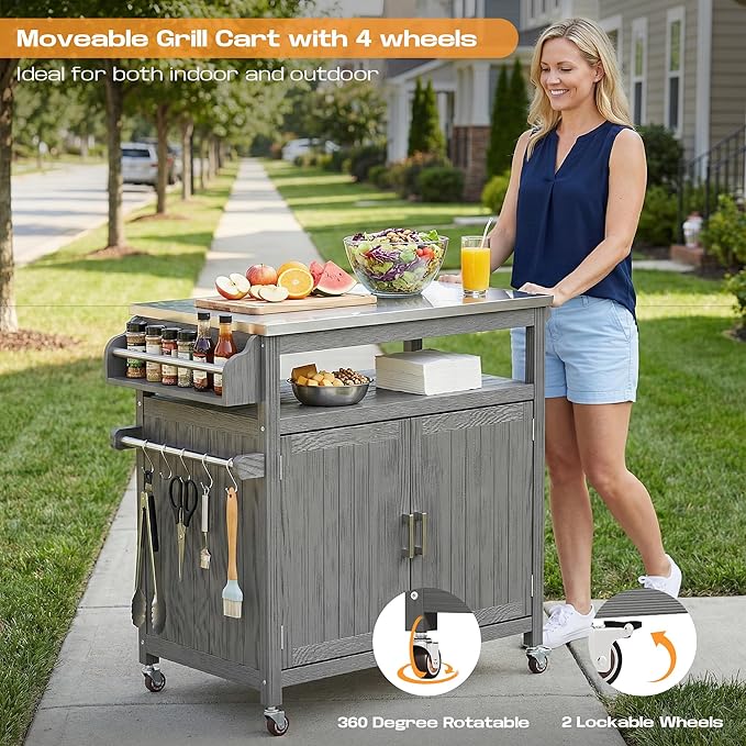 FUQARHY 43.3-Inch Outdoor Kitchen Island with Storage Cabinet and Stainless Steel Top, Solid Wood Prep Station Grill Table with Lockable Wheels for Patio, Backyard, Party (Gray)