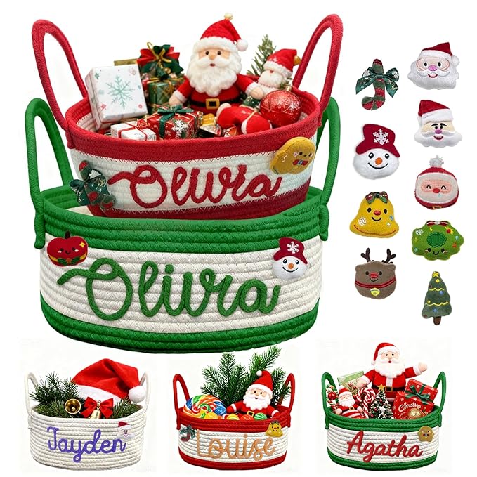 Personalized Christmas Gift Baskets for Kids,Custom Baby Shower & Holiday Nursery Storage Organizer,Name Design Toy Storage Bin,Handmade Cotton Rope Keepsake Caddy