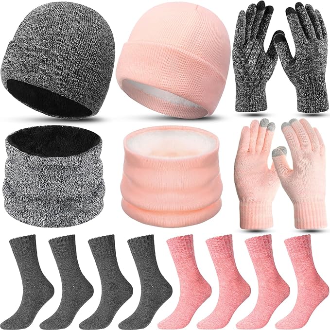 10 Pieces Winter Hat Beanie Scarf Touch Screen Gloves and Sock Set Slouchy Knit Skull Cap Beanies Fleece Lining Neck Warmer