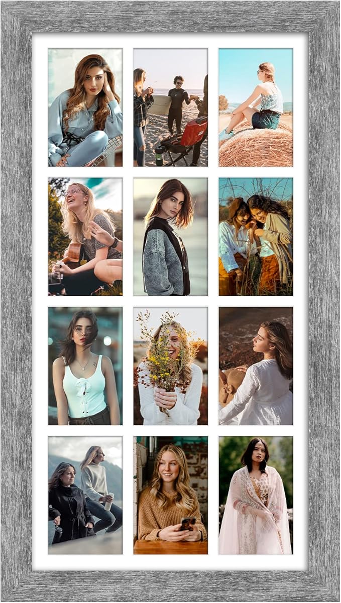 13x25 Picture Frame Display 12 opening 4X6 Picture Frame Collage,Multi Photo Frame with Mat,Plexiglass,Wall Mount Decor,Grey Wood Grain