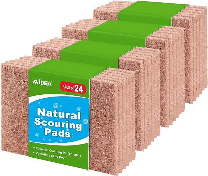 AIDEA Non-Scratch Natural Scouring Pads, Dish Scrubber Pads for Household and Kitchen, Cellulose Multipurpose Scour Pads for Cleaning -Natural Sisal Fibers, 24 Pack, 5.5in*3.5in