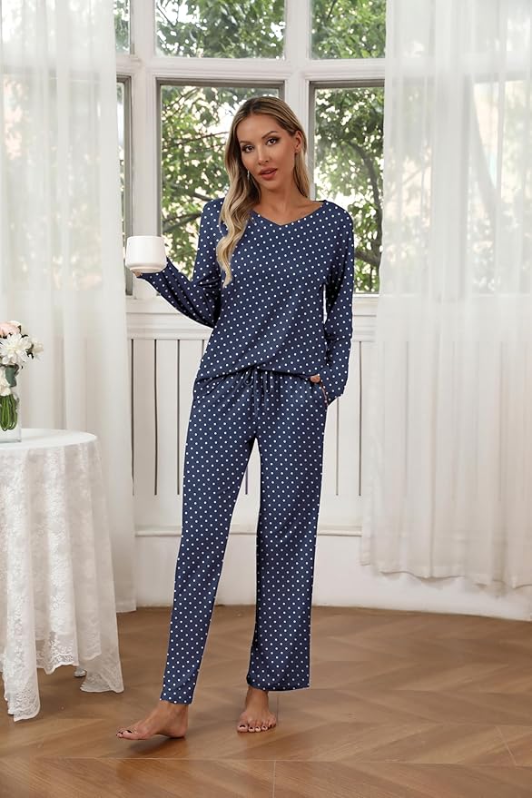 Ekouaer Womens 2 Pack Pajama Set Long Sleeve Pajamas Top and Pants V Neck Pjs Set Soft Loungewear with Pockets