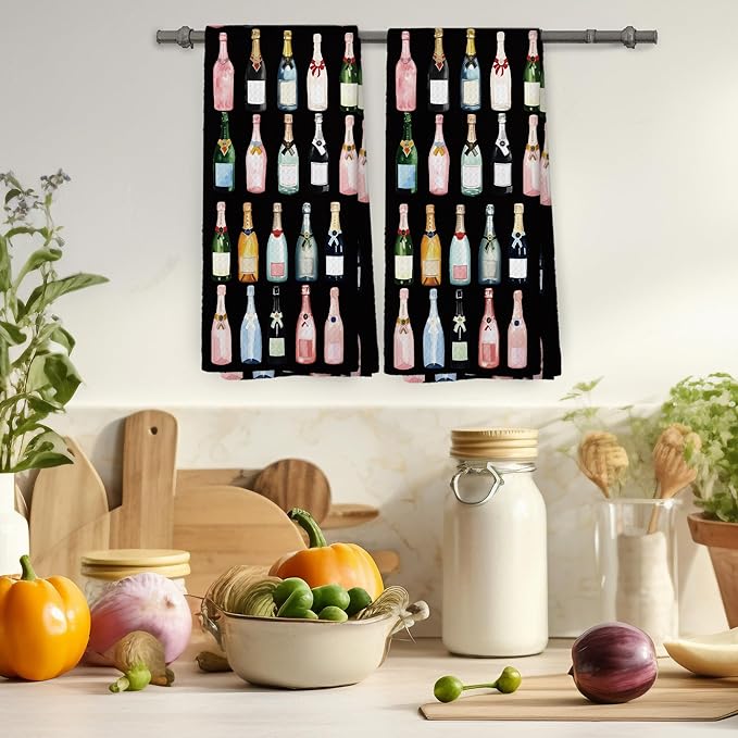 Black Champagne Lover Kitchen Towels Set of 2, Champagne Accessories Home Bar Bathroom Decor, Champagne Gifts for Women, Cocktail Gift Bachelorettes Decorative Tea Dish Towels 16x24 Inch