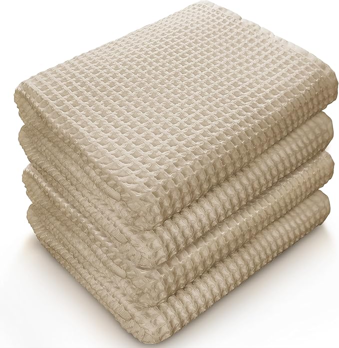 Softerry European Waffle Weave Bath Towel Set - 100% Organic Cotton - Quick Dry Lint Free Thin and Absorbent - Fade Resistant - Eco-Friendly (Set of 4 Bath, Natural)