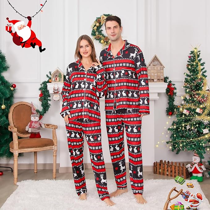 ANGELGGH Family Christmas PJs Matching Sets 2 Pcs Festival Party Pajamas Holiday Warm Sleepwear Couples Button Loungewear