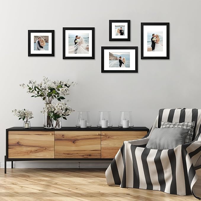 iRahmen 9x12 Picture Frame Set of 4 with Tempered Glass, Black Frames Display 6x8 Picture with Mat or 9 x 12 Without Mat, Wood Photo Frames for Tabletop Display and Wall Mounting