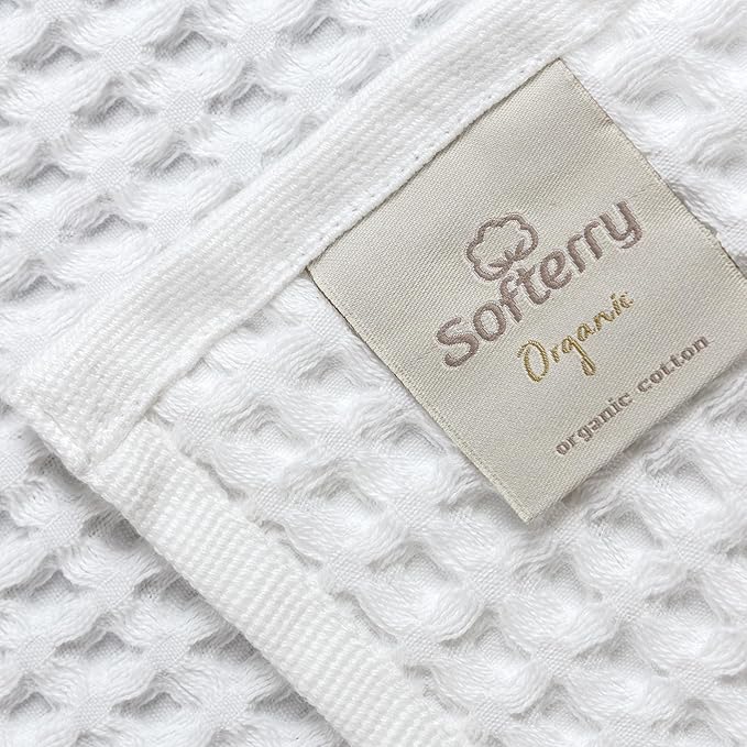 Softerry European Waffle Weave Bath Towel Set - 100% Organic Cotton - Quick Dry Lint Free Thin and Absorbent - Fade Resistant - Eco-Friendly (Set of 8, White)