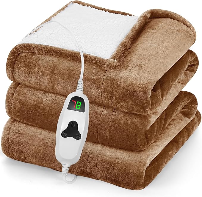 greenoak Heated Blanket Electric Throw 50"X60", Heating Blanket with 10 Heat Levels 8 Hours Auto-Off,Fleece Soft Blanket, Birthday Gifts for Grandma Seniors, Brown