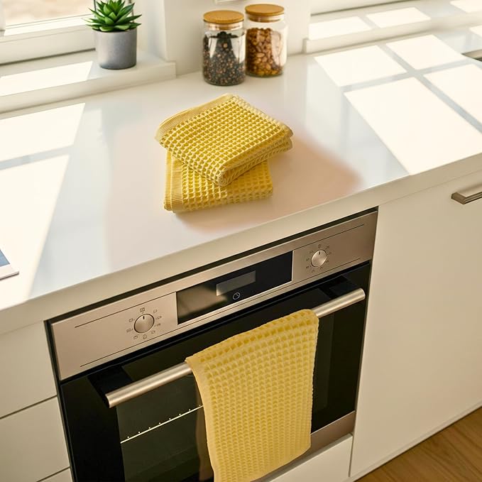 PÜSKÜL - Set of 3 Organic Waffle Hand Towel Yellow - Premium Quality, 100% Turkish Cotton, Soft, Quick-Dry, Absorbent, Lint-Free Face Kitchen Hand Towels (Light Yellow, Hand Towels - Pack of 3)