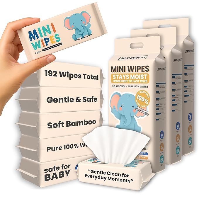 Mini Wet Wipes - Alcohol & Fragrance Free, Safe for Babies & Kids - 24 Bags Total 192 Wipes (Sunset Elephant)