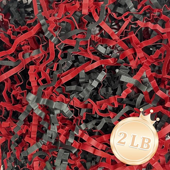 2 LB Crinkle Cut Paper Shred Filler Great for Gift Wrapping, Basket Fillers, Birthday, Gift Wrapping, Anniversary, Halloween Christmas Party Decor Filling Supplies Black Red