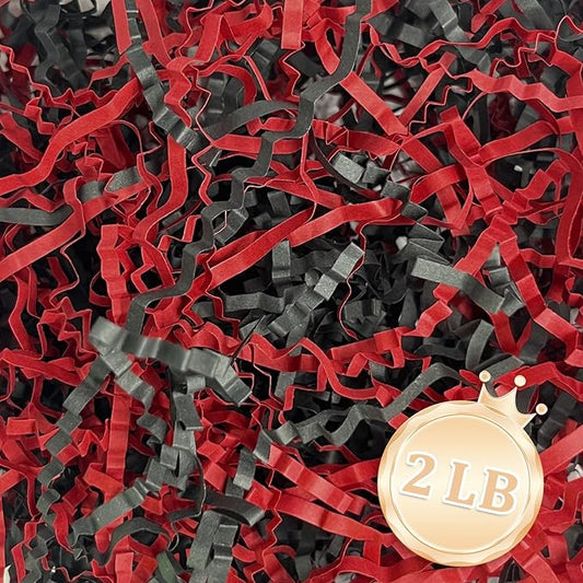 2 LB Crinkle Cut Paper Shred Filler Great for Gift Wrapping, Basket Fillers, Birthday, Gift Wrapping, Anniversary, Halloween Christmas Party Decor Filling Supplies Black Red
