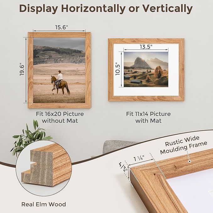 Fun Memories 16x20 Picture Frame, Solid Elm Wood Photo Frame with Tempered Glass, 16"x20" Frame matted to 11x14, Rustic Picture Frames, 16 by 20 Poster Frame for Wall Decoration, Natural, 1 Pack