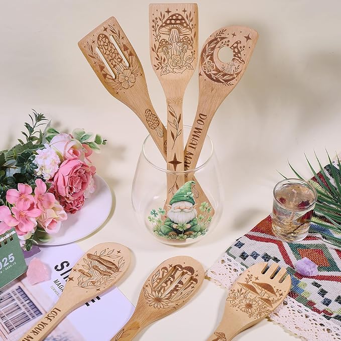 GLOBLELAND 6Pcs Mushroom Bamboo Cooking Utensils Wooden Engraved Cooking Spoons Set Carving Kitchen Bamboo Spatula Set for Women and Men Wood Cooking Spoon for Kitchen House Warming Gift