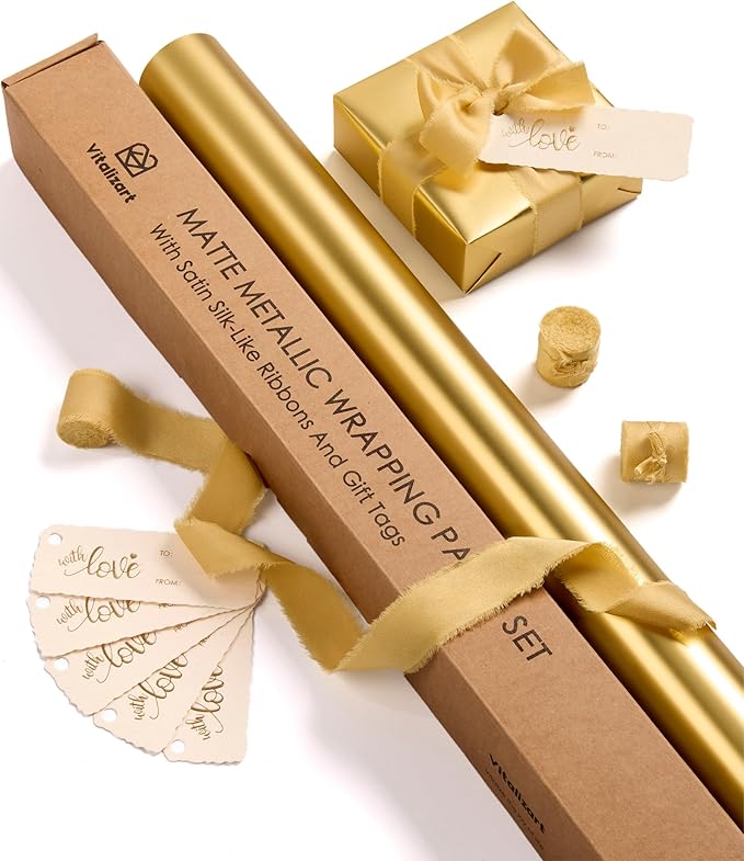 Vitalizart Gold Matte Metallic Wrapping Paper Set 30" With Silk Satin Ribbon & Gift Tags Christmas Gift Wrapping Birthday Baby Shower Wedding Bouquets Handmade Crafts 197"(16.4 Ft) Gold Ribbon