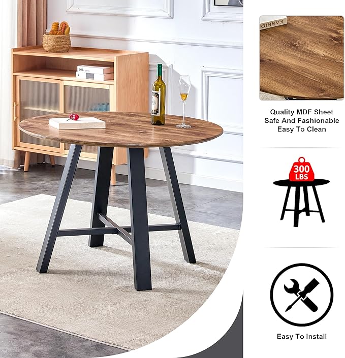 Round Dining Table Set for 4, 42" Kitchen Table with 4 Fabric Chairs, 5-Piece Modern Wood Dining Room Set for Small Space, Office or Kitchen