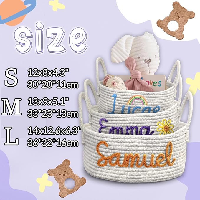Personalized Basket with Name Custom Cotton Rope Basket Monogrammed Nursery Storage Bin for Diapers Toys & Kids' Room Decor