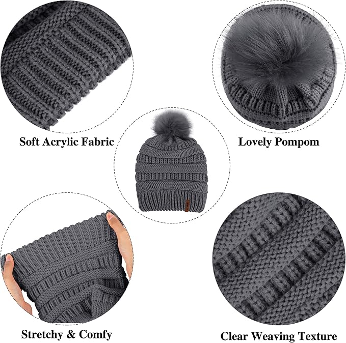 Aneco Womens Winter Warm Sets Knitted Fur Pompoms Beanie Hat Circle Loop Scarf Touch Screen Gloves Winter Favor Accessories