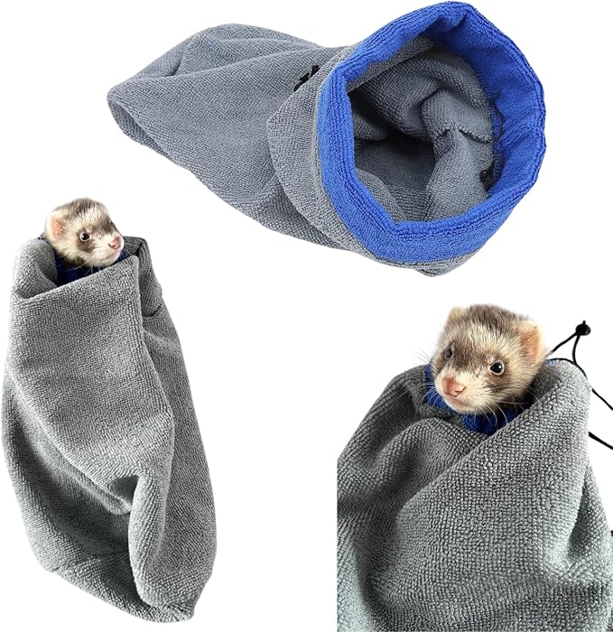 Ferret Bath Towel Bag Fast Drying Absorbent Bathrobe Adjustable Drawstring Bath Robe Small Animal Grooming Accessories for Rabbit Guinea Pig Hamster Cat (Blue)