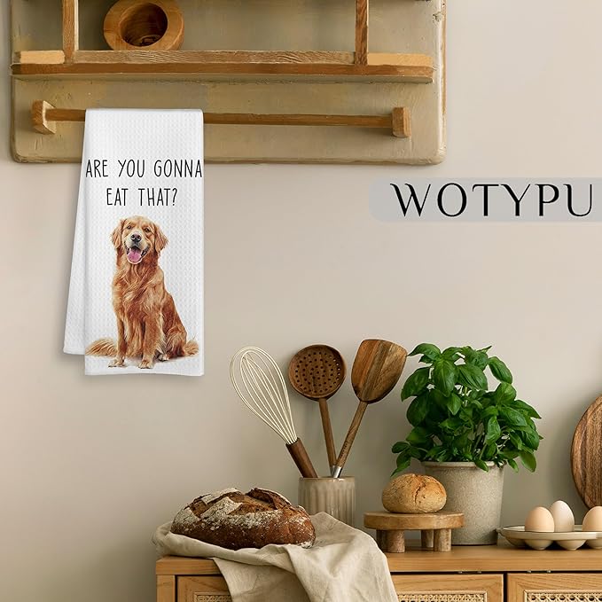 Funny Golden Retriever Gifts Kitchen Towels, Gifts for Golden Retriever Lovers Dish Tea Towels for Kitchen, are You Gonna Eat That Humorous Decorative Hand Towel, 16x24 Inch