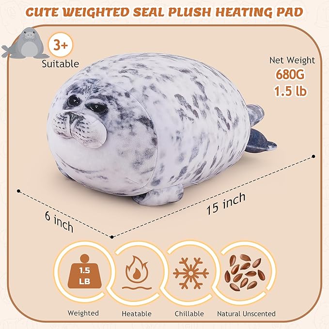 1.5lb Seal Stuffed Animals Plush Microwavable Heating Pad-15'' Seal Heating Pads for Cramps &Period Pain Relief, Heatable & Coolable Stuffed Animals Bedtime Birthday Gift for Women Kids