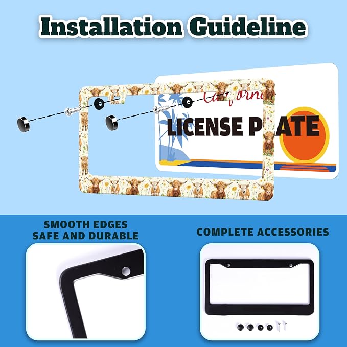 Highland Cow Flowers License Plate Frame Stainless Steel 6.3 X 12.2 Inch | Fits US Standard With Screws Rust Resistant For Car Front Rear Decoration Accessories Easy Installation For Cars SUV Truck