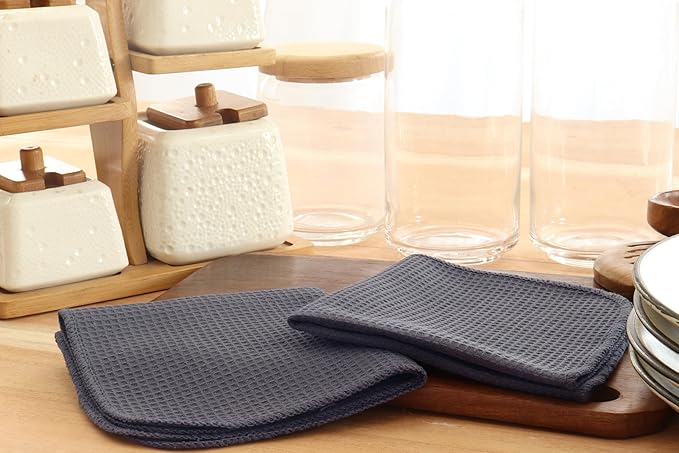 PurpleEssences Dish Cloths and Dish Rags - 6 Pack Waffle Weave Solid Kitchen Dish Wash Cloths, 100% Cotton, 12 x 12 Inches, Ultra Soft Absorbent Quick Drying - Christmas Holiday Winter - Dark Grey