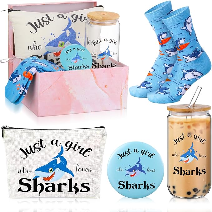 Kacctyen 5 Pcs Christmas Shark Gifts for Women Funny Shark Lovers Stuff Accessories 16 oz Glass Cup Tumbler with Lid Straw Cosmetic Makeup Bag Sock Mirror Box for Birthday Animal Lover Presents