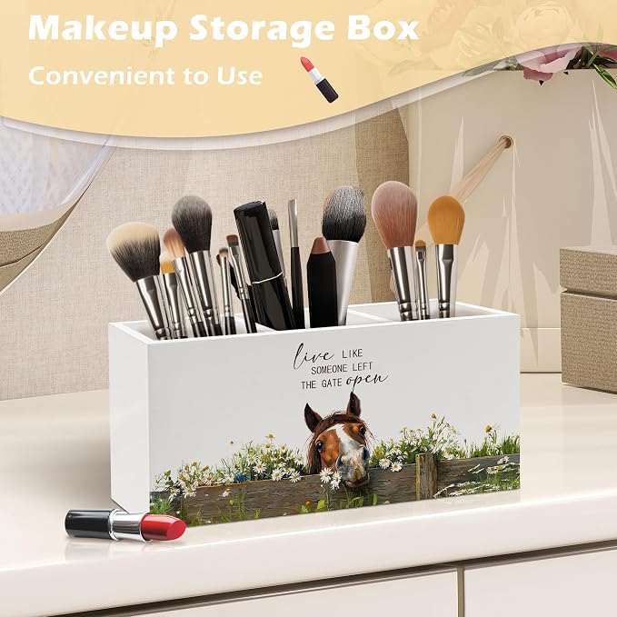 Farmhouse Horse Pen Holder Organizer Desk Decor, Gifts for Horse Lovers, Live Like Someone Left the Gate Open Wooden Pen Pencil Holders for Home Office Desk Accessories