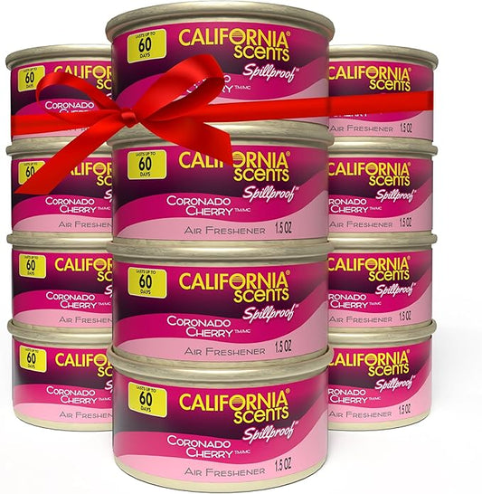 Can Air Freshener and Odor Neutralizer by California Scents, Stocking Stuffers, Set of 12 Spillproof Cans for Home and Car, Coronado Cherry, 1.5 Oz Each