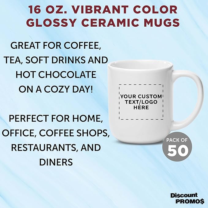 DISCOUNT PROMOS Custom Vibrant Color Glossy Ceramic Mugs 16 oz. Set of 50, Personalized Bulk Pack - Perfect for Tea, Espresso, Cappuccino, Hot Cocoa - White