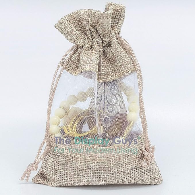12-Pack Medium Linen Burlap & Organza Gift Bags w. Drawstrings (5x7 in, Beige) - Party Favors, Presents, Samples & Treats Mesh Pouch by The Display Guys