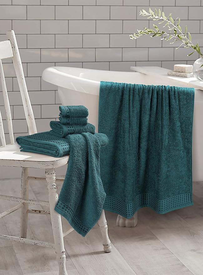 GLAMBURG 100% Cotton Ultra Soft 6 Pack Towel Set, Contains 2 Bath Towels 28x55 Inches, 2 Hand Towels 16x24 Inches & 2 Wash Coths 12x12 Inches, Compact Absorbent Lightweight & Quickdry - Teal
