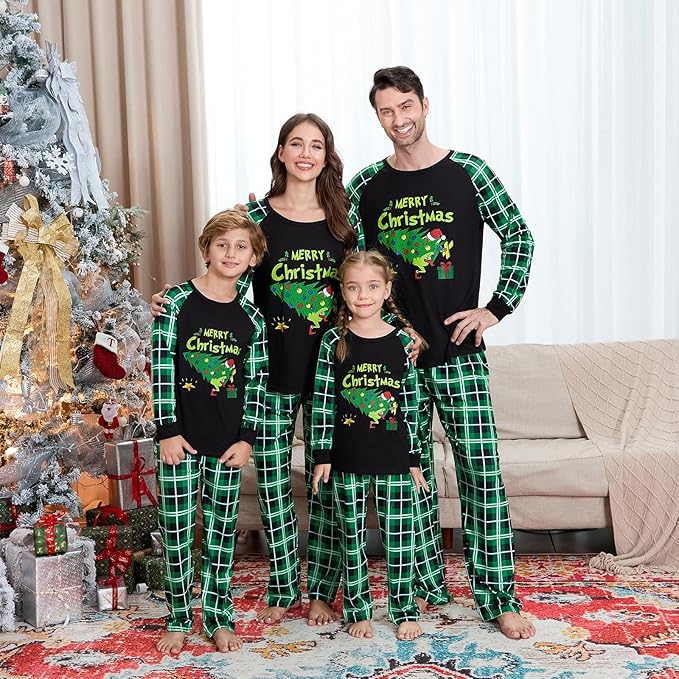 Christmas Family Pajamas Set Matching Holiday Plaid Sleepwear Set Reindeer/Tree Print Loungewear for Xmas Eve