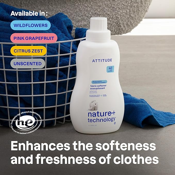 ATTITUDE Liquid Fabric Softener, Plant-Based & Vegan, HE Compatible, Naturally Derived, Pink Grapefruit Scent, 40 Loads, 33.8 Fl Oz