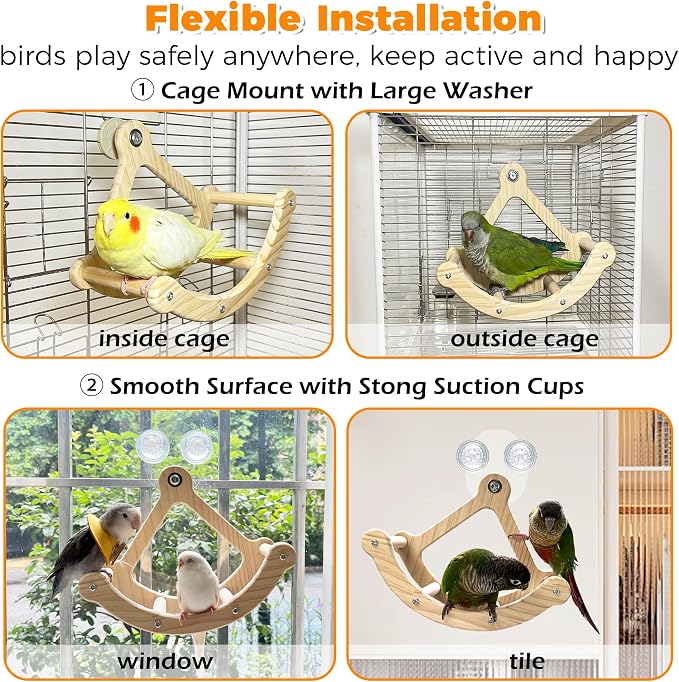 Rocking Bird Toys Perch for Window and Cage, Wooden Bird Perch Puzzle | Wall Suction Mount, Parrot Toys for Medium Birds, Enrichment Cockatiel Toy Fun and Accessoriess for Budgie, Lovebird, Conure