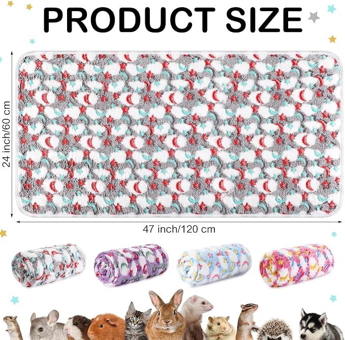 Reginary 4 Pcs Guinea Pig Fleece Blankets, Moon Star, 24 x 47 Inch | Waterproof Washable Cage Liners, Absorbent Double Layer Bedding for Guinea Pigs, Reusable Pads for Hamsters Rabbits