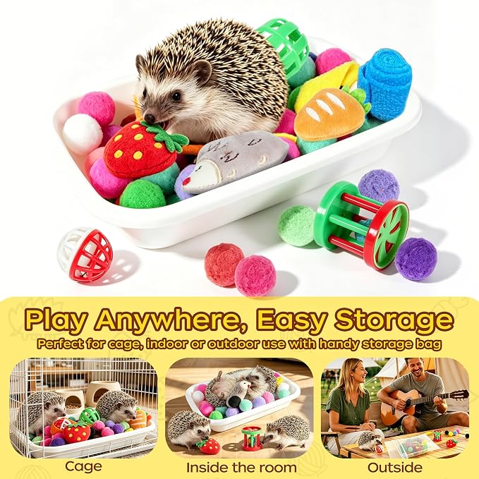 Hedgehog Toys & Accessories, Enrichment Toy Set with Dig Box & Balls | Plush Balls & Fabric Strips, Hedgehog Cage Accessories, Dig Box Toy, Digging Activities, Small Animal Enrichment