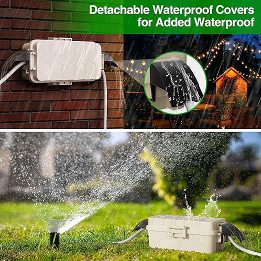 Flemoon [2 Pack] IP55 Small Outdoor Electrical Box Waterproof (Inner 5.9 x 3.2 x 1.8inch), Extension Cord Cover with Detachable Awning Covers for Plug, Outlet, Holiday Lights, Almond