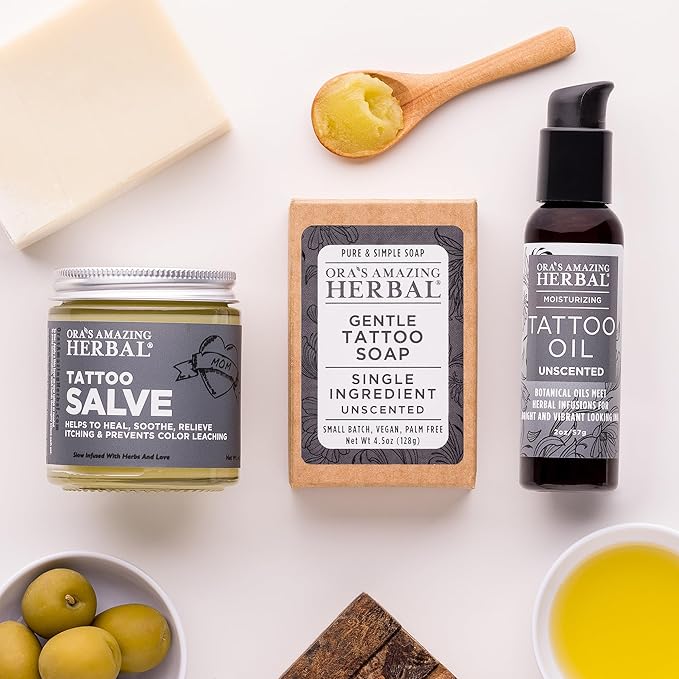 All The Tattoo Aftercare Set, Tattoo Salve, Oil & Soap, Natural Tattoo Aftercare Set, Balm, Moisturizer, Made in the USA, Ora's Amazing Herbal